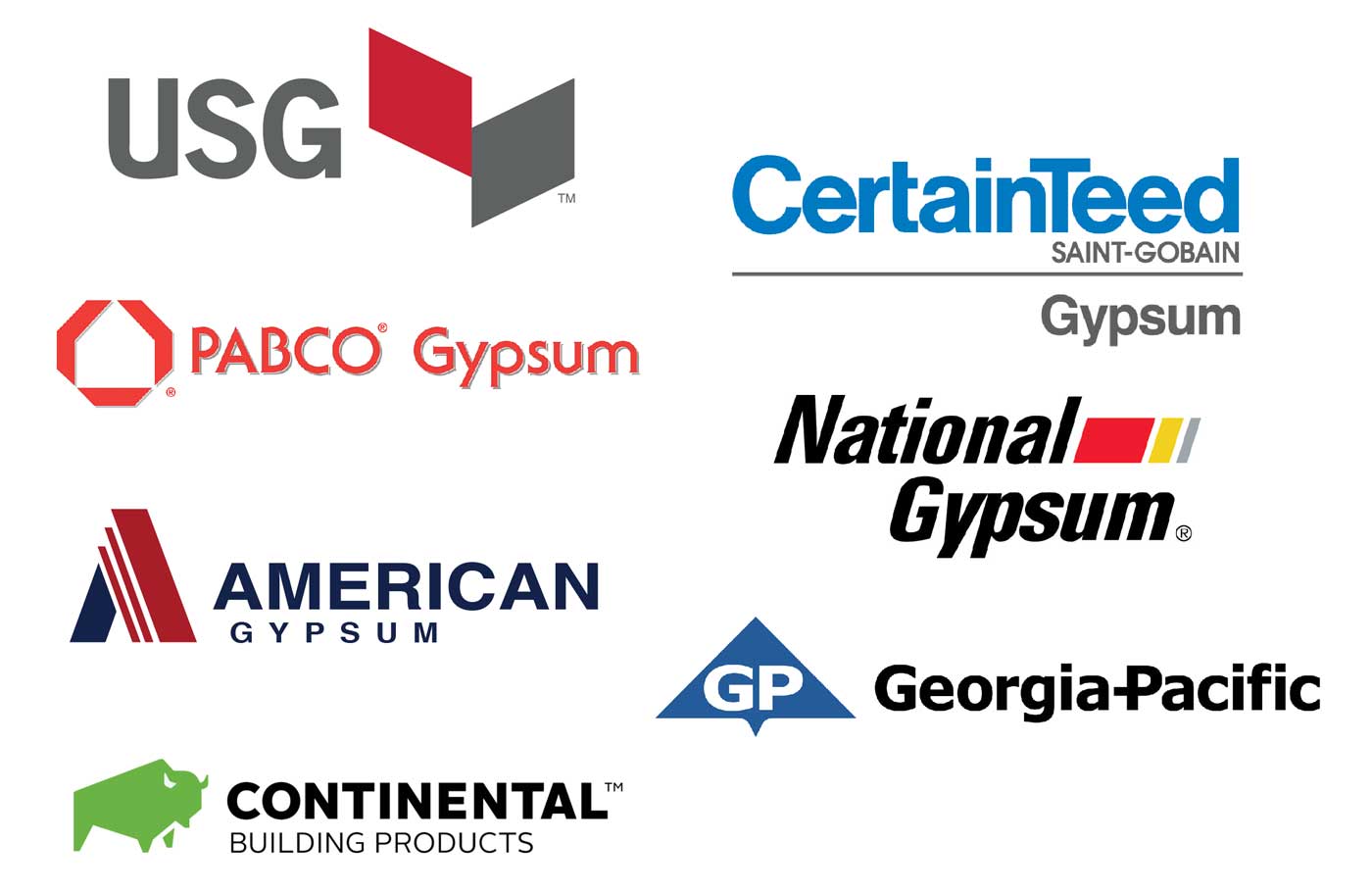 USG, PABCO Gypsum, American Gypsum, Continental Building Products, CertainTeed Gypsum, National Gypsum, Georgia-Pacific